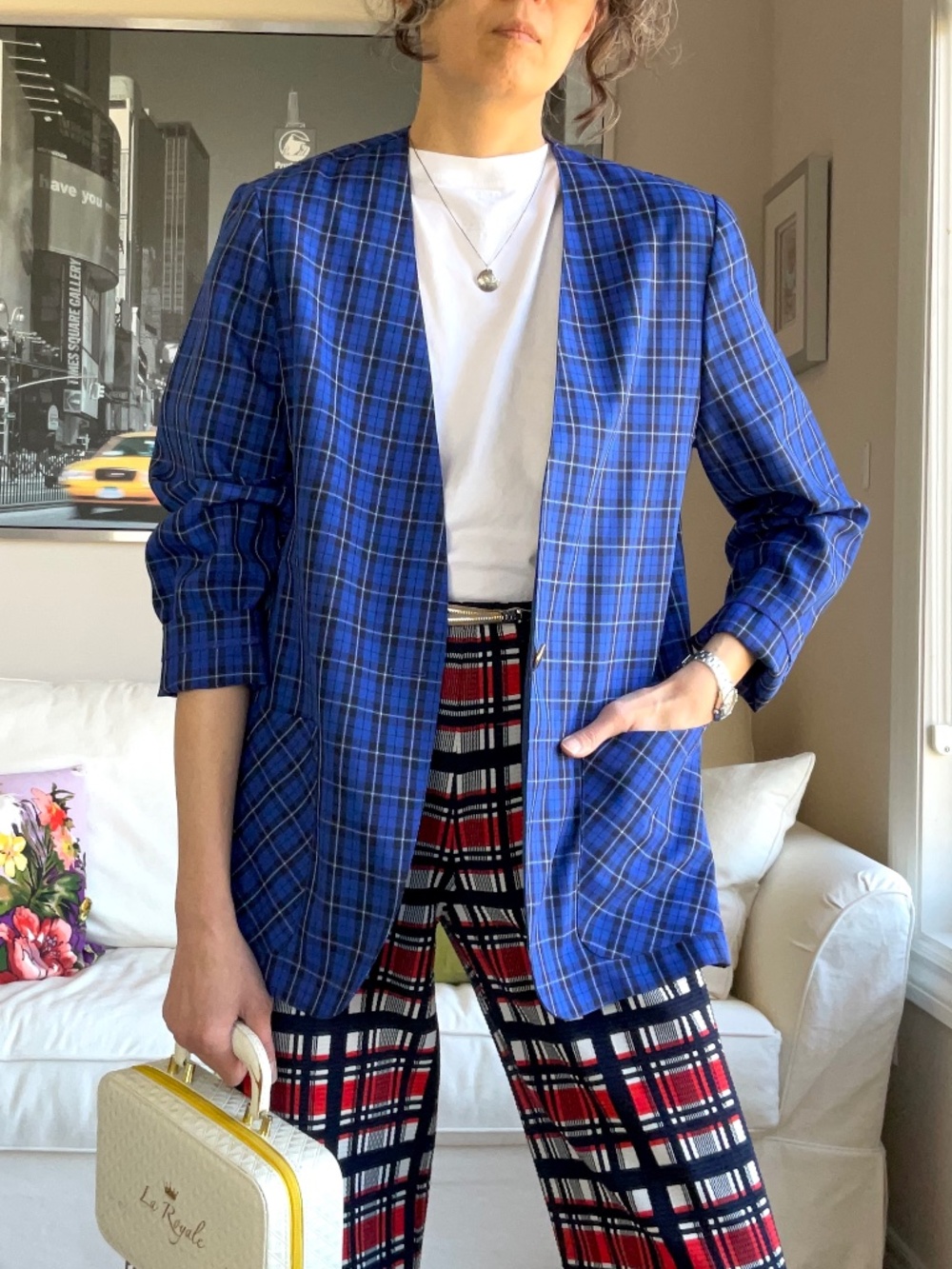 Vintage plaid collarless blazer